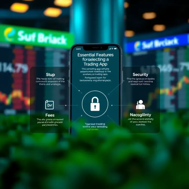 Overview of Essential Features for Selecting a Trading App Graphic illustrating key features of trading apps including fees, security, and usability