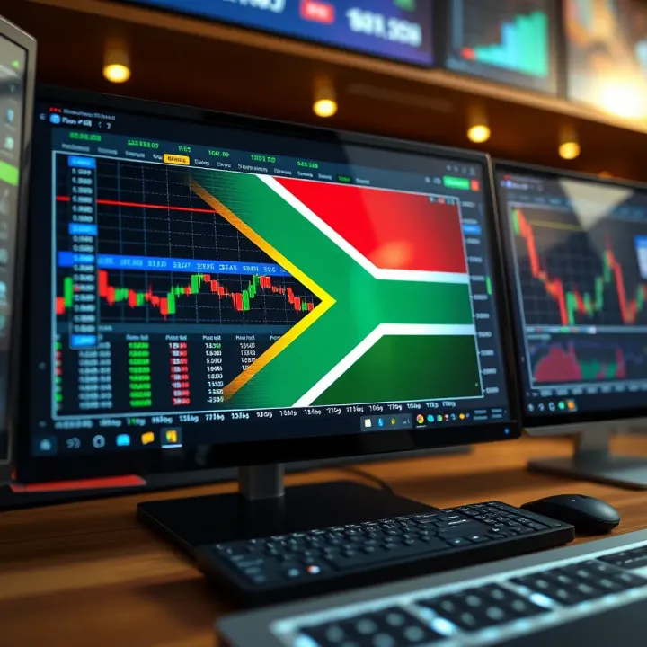 South African flag overlay with digital trading charts on a computer screen depicting binary options trading