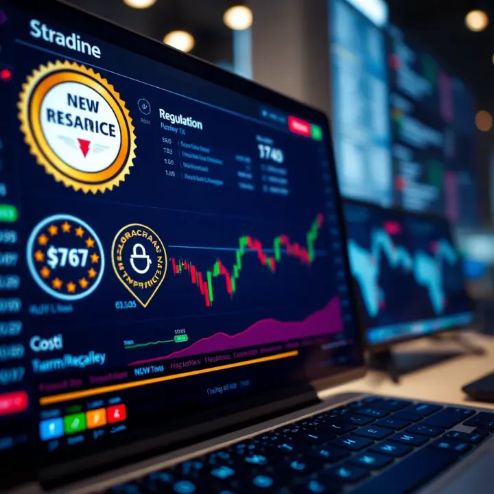 Key Forex Broker Attributes for South African Traders A digital interface showing forex broker features including regulation badges, cost charts, and market tools tailored for South African traders