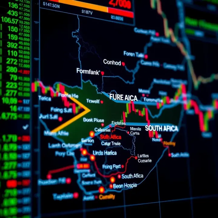 A map of South Africa highlighting financial districts with forex trading data and currency symbols overlay