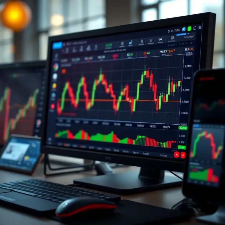 Interface displaying forex trading training software with charts and learning modules