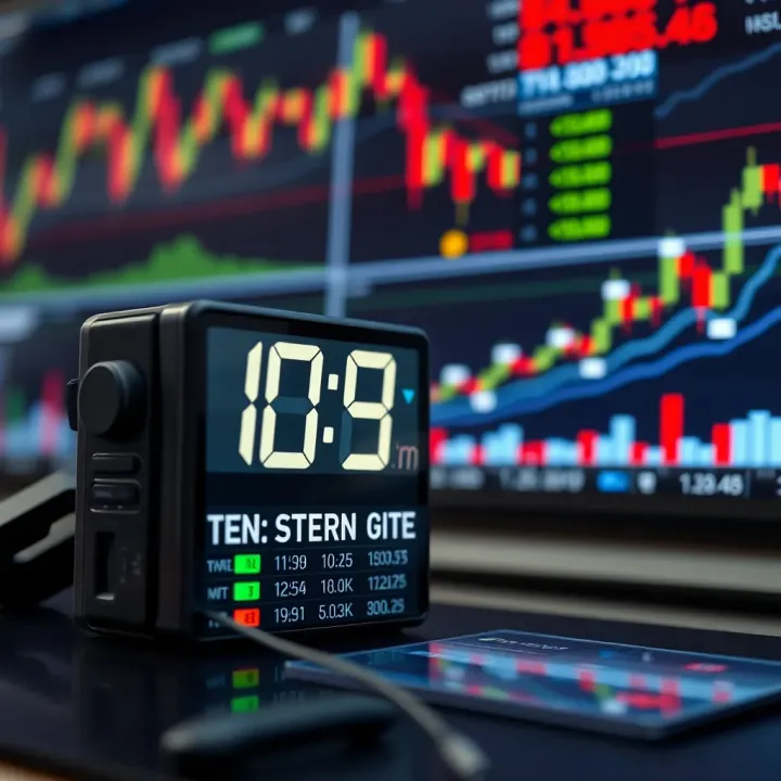 Digital clock displaying rapid trading timeframe with financial charts in background