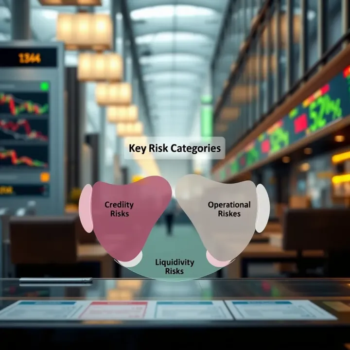 Diagram illustrating key risk categories banks face including credit, market, operational, and liquidity risks
