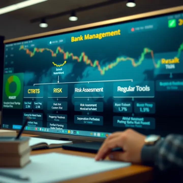Flowchart showing risk assessment, monitoring tools, and regulatory compliance in bank risk management