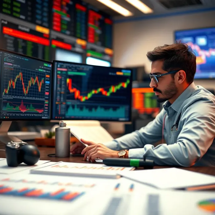 Comprehensive Approach to Forex Trading with Analysis and Risk Management Illustration of a trader analyzing data with charts, risk management tools, and psychological insights