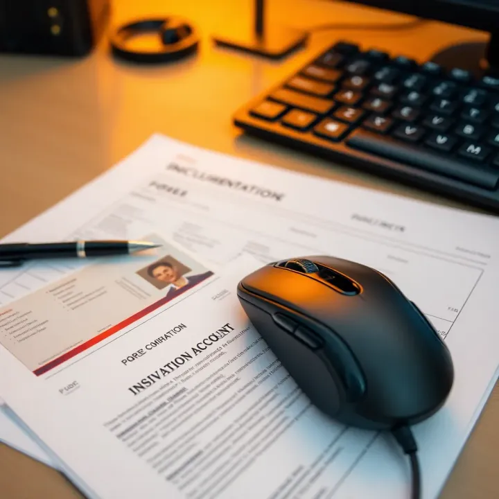 Documents including identification and proof of address alongside a computer mouse and keyboard