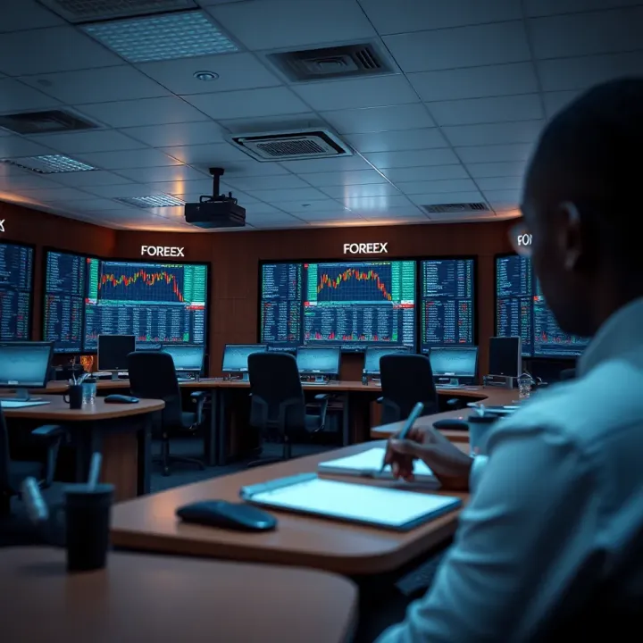 Forex Trading Classroom Environment and Market Analysis Classroom setup for forex education with digital screens displaying market trends