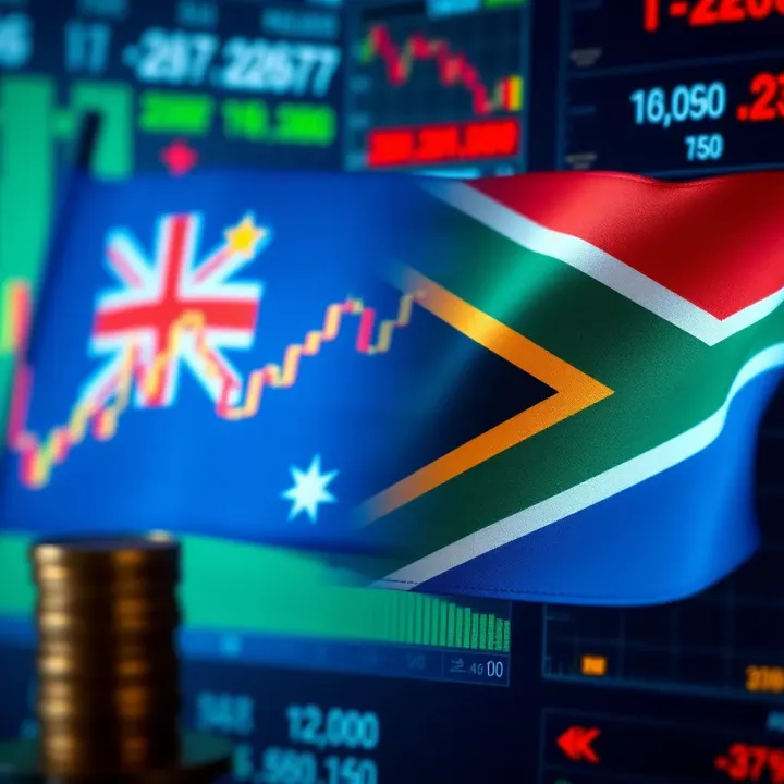 Australian and South African flags with forex trading charts and currency symbols