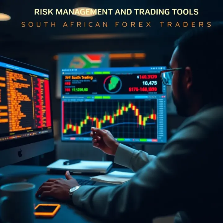 Graphic showing risk management strategies and trading tools for forex traders in South Africa