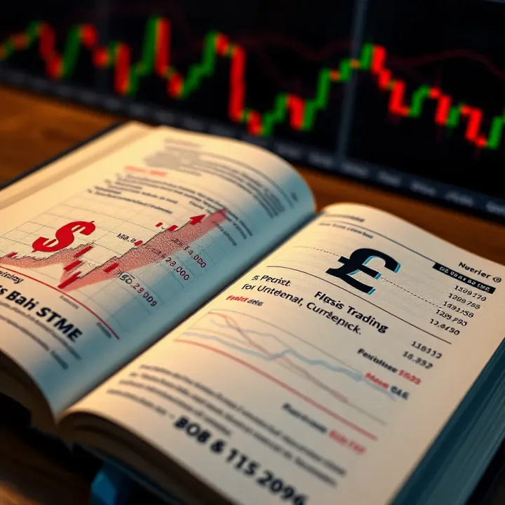 Open book with forex charts and currency symbols on pages