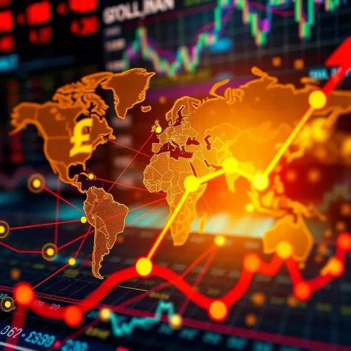Global currency exchange symbols interconnected on a digital world map