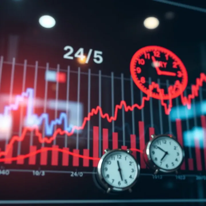 Forex Market Liquidity and Flexible Trading Hours Graph showing upward trends with forex trading symbols and clocks representing 24/5 market hours