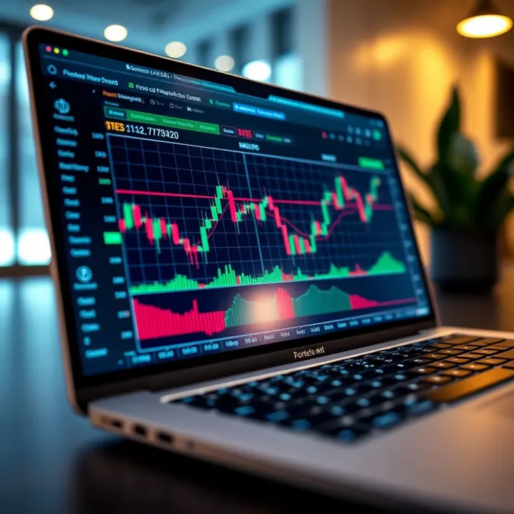 Close-up of a laptop screen showing a forex trading platform with currency charts and data