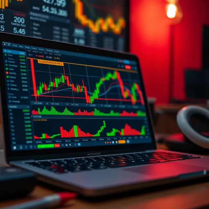 Forex Trading Platform Showing Market Analysis and Trends Laptop displaying forex trading platform with candlestick charts and market indicators