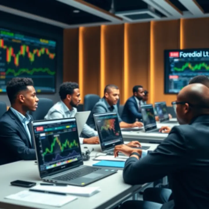 Classroom setting with students learning forex trading concepts on laptops