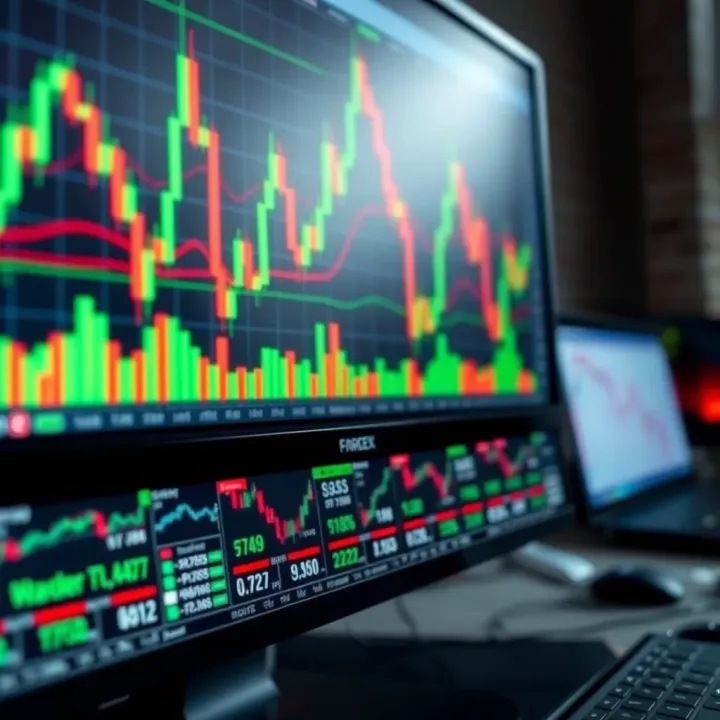 Close-up of a computer screen displaying live forex market charts and data analysis tools