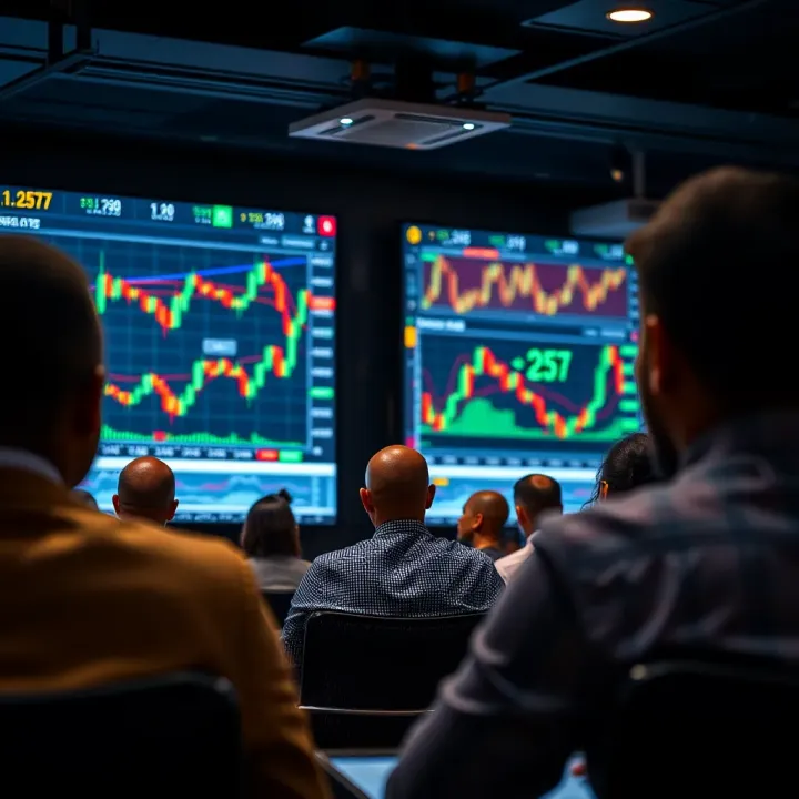 Attendees engaged in a forex trading seminar with charts and graphs displayed on a large screen