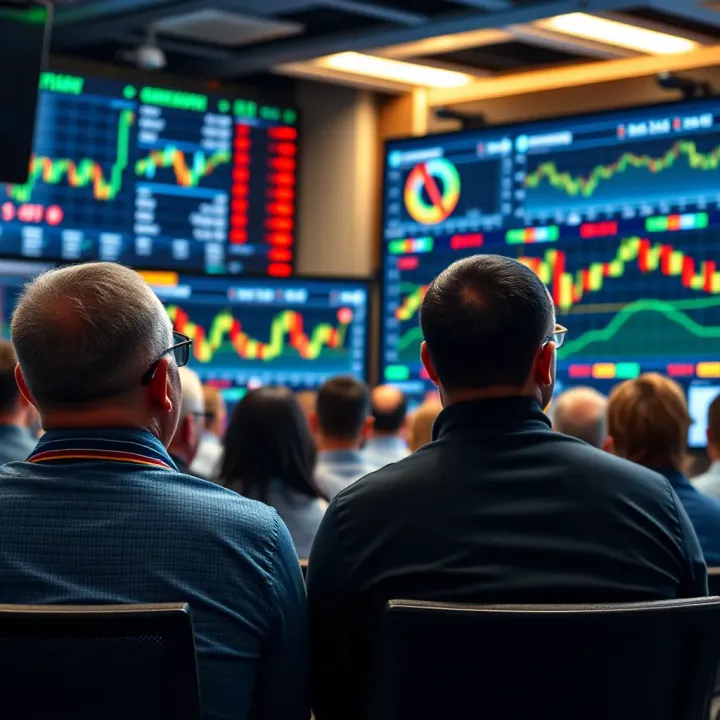 Group of traders attending a forex seminar in South Africa with charts and currency symbols on display