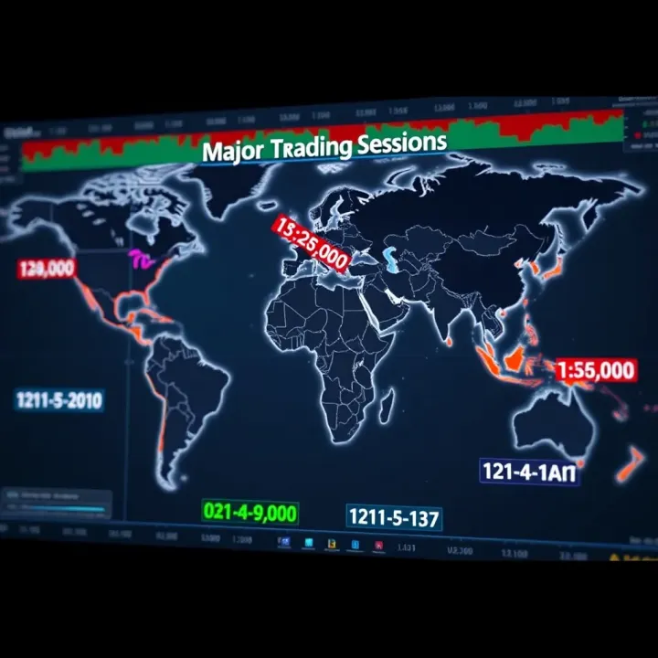 World map highlighting major forex trading centers with their respective session times