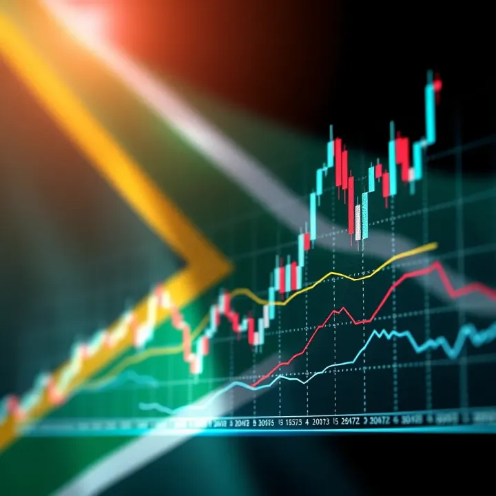 Graph showing currency exchange trends with South African flag background