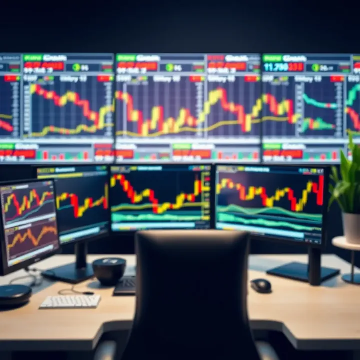 A modern trading desk featuring multiple monitors displaying forex charts and a vibrant wallpaper designed for focus