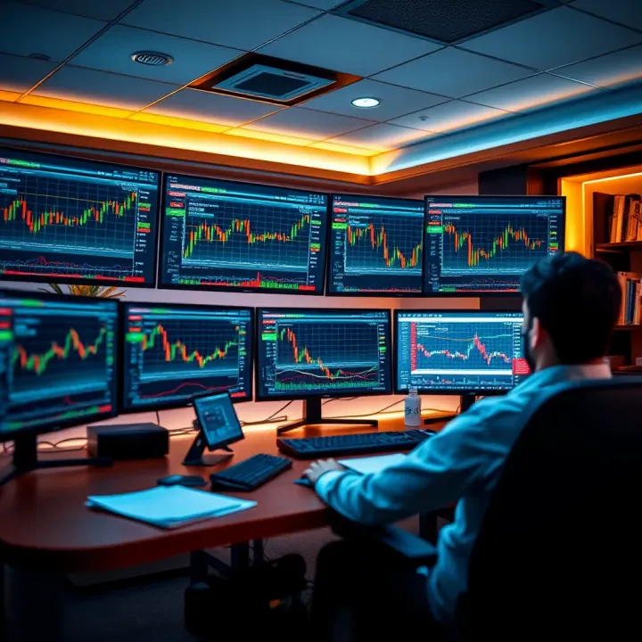 Focused Trading Environment with Advanced Market Visualization Calm workspace featuring multiple screens with forex graphs and market data visualization