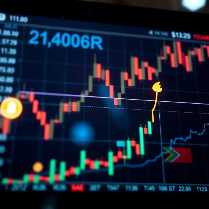 Financial Chart Highlighting Forex Trading Opportunities Illustration of a financial chart with upward trends and forex symbols representing trading opportunities