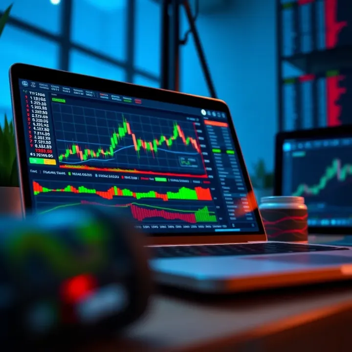 Forex Trading Platform Interface with Real-Time Market Data Illustration of a laptop displaying Forex trading interface with charts and indicators