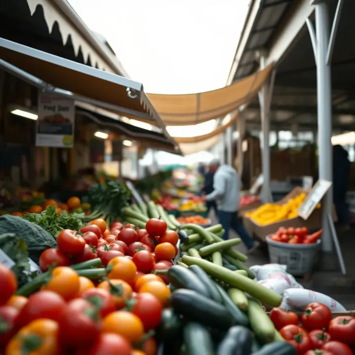 Fresh fruits and vegetables neatly arranged at a local market stall in Somerset West