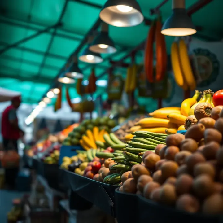 Fresh fruits and vegetables displayed at a South African market stall during daytime