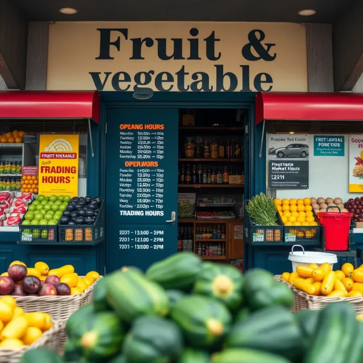 Fruit and Vegetable Store with Trading Hours in Somerset West Exterior view of a fruit and vegetable store with clear operating hours shown on the door
