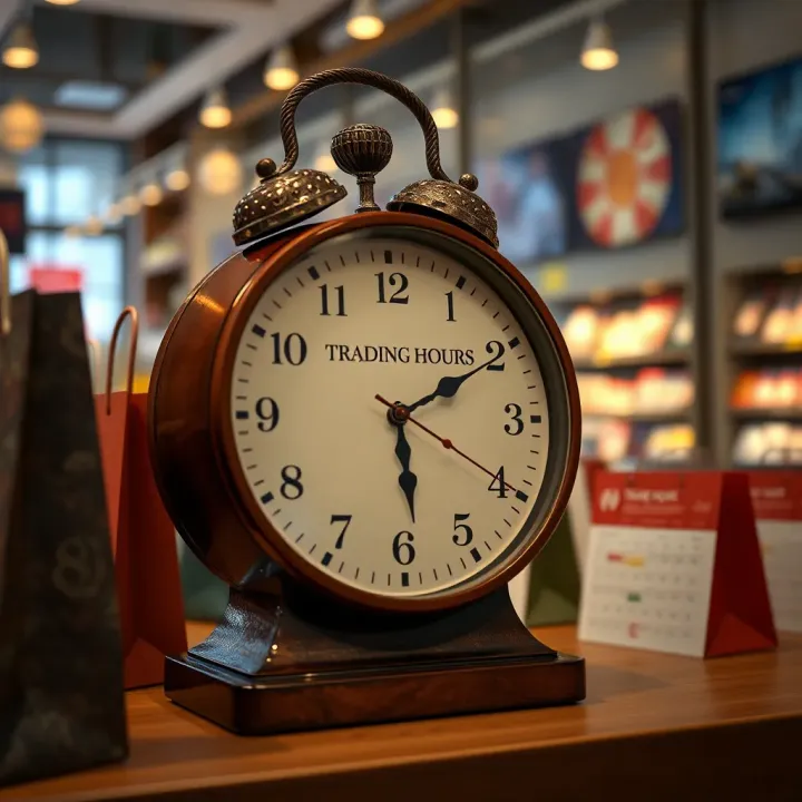 Trading Hours Overview for Highland Mews Witbank Clock showing trading hours concept with shopping bags and calendar