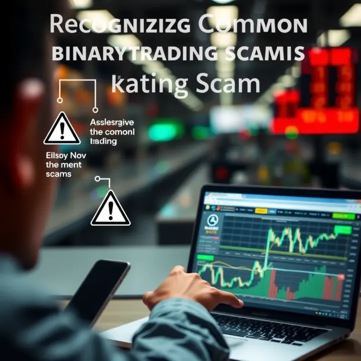 Recognizing Common Binary Trading Scam Tactics Visual cues highlighting common tactics used in binary trading scams with alert icons