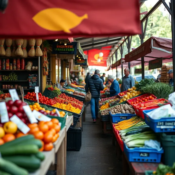 Outdoor market setting with colorful stalls and shoppers browsing fresh seasonal fruits and vegetables