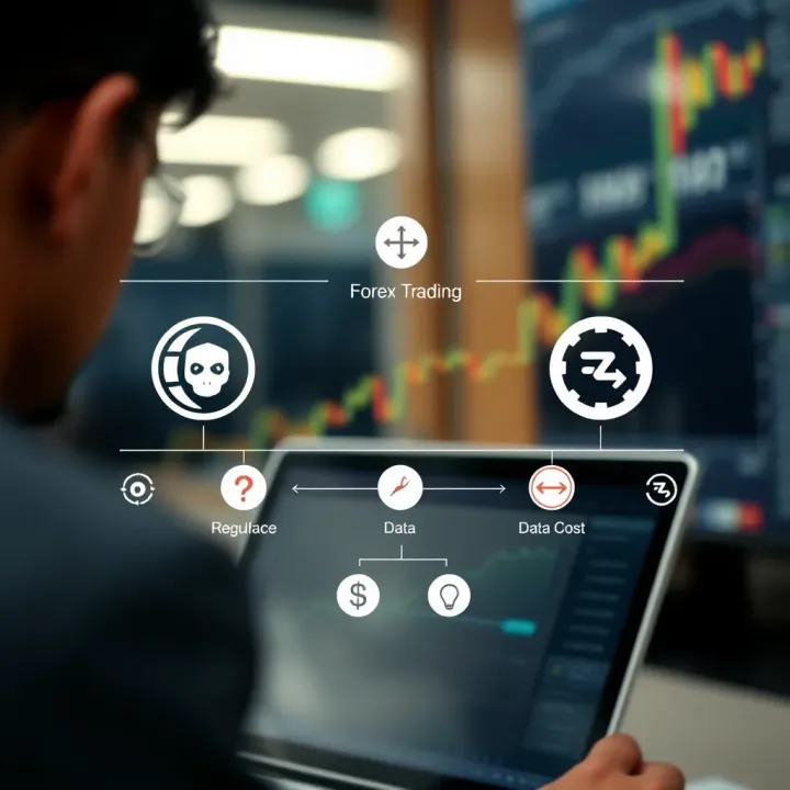 Illustration of forex trading concepts with regulatory icons and data cost symbols