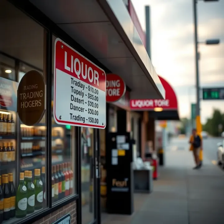 Liquor store exterior with visible trading hours sign during lockdown