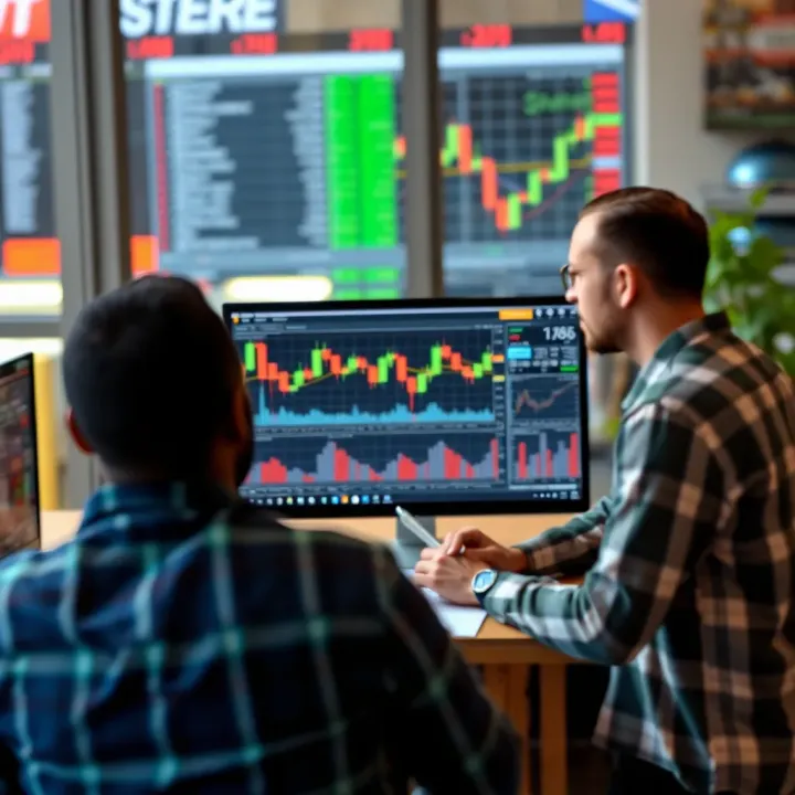 Visual representation of online forex trading community interaction with charts and discussion elements