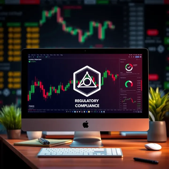 Illustration of a computer screen displaying an online forex broker platform with regulatory compliance symbols