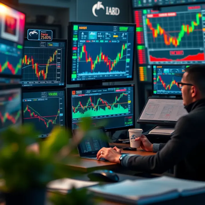 Comprehensive Market Analysis for Forex Trading Trader analyzing multiple monitors displaying forex charts and market data