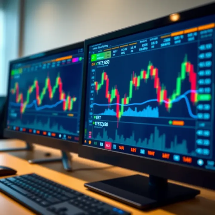 Digital screen showing forex trading charts and video tutorial interface