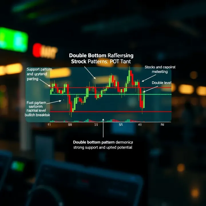 Diagram of a double bottom stock chart pattern highlighting support levels and bullish breakout