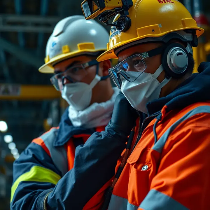 Workplace safety professional wearing protective gear and inspecting equipment to identify hazards
