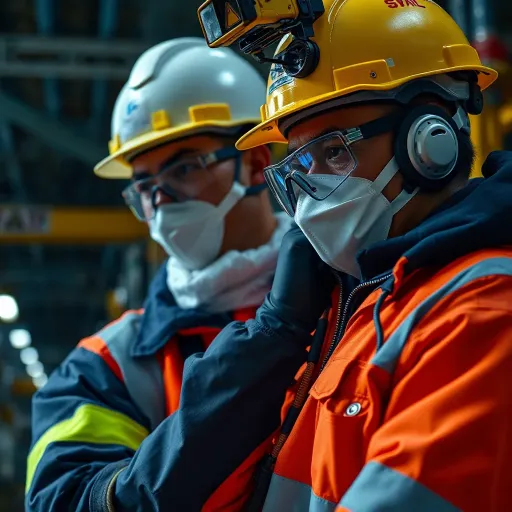 Ensuring Workplace Safety through Hazard Identification and Inspection Workplace safety professional wearing protective gear and inspecting equipment to identify hazards