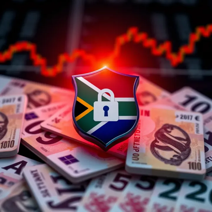 Conceptual graphic depicting secure financial protection shield over South African currency symbols