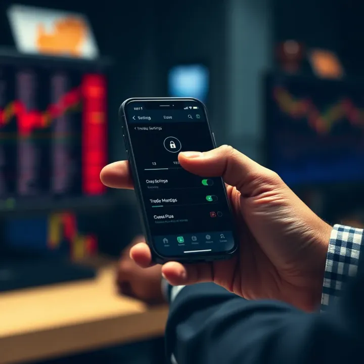 User securing mobile device settings with biometric authentication for safe trading app use