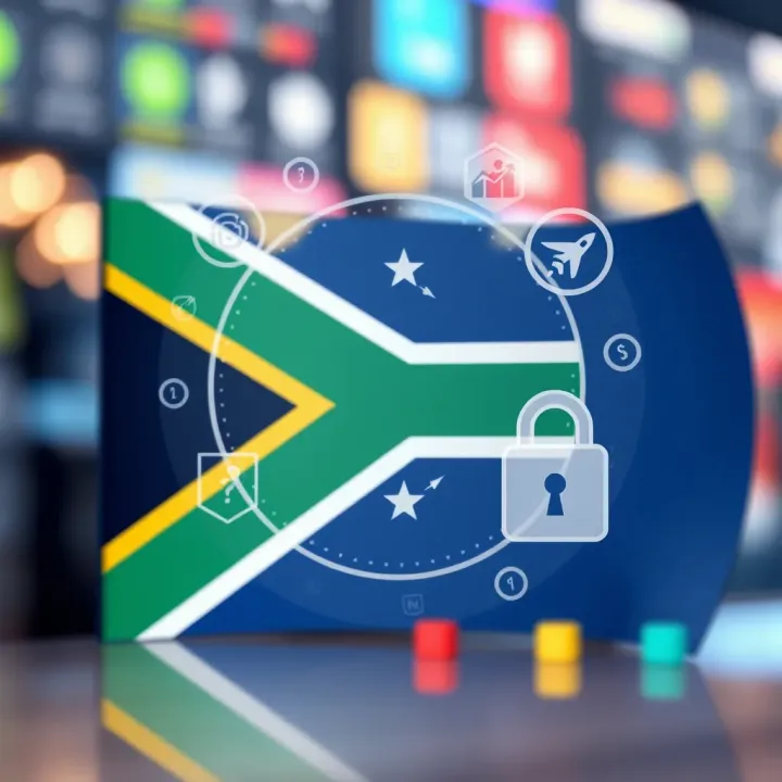 South African Forex Market Features and Security Overview Illustration of South African flag integrated with financial market symbols and security elements