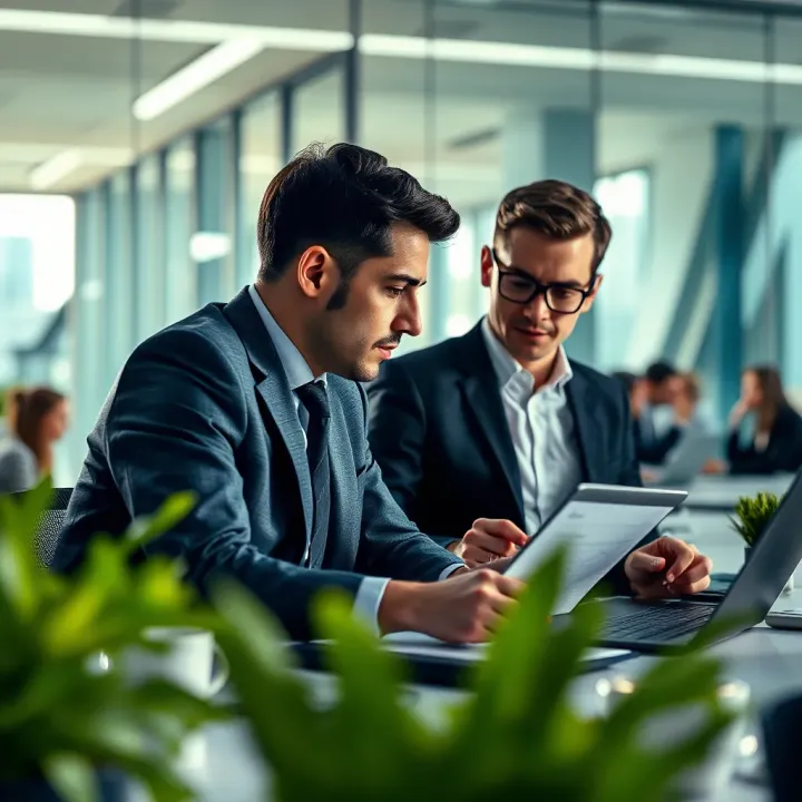Risk Management Strategy Analysis in Business Environment Illustration of business professionals analyzing risk management strategies in a corporate office setting