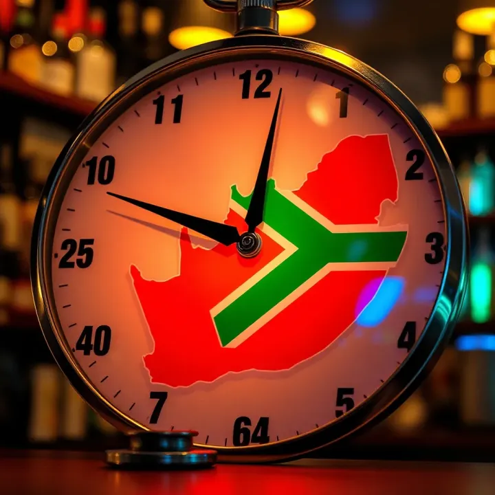 Clock showing alcohol sales allowed hours with a map of South Africa highlighting provincial differences