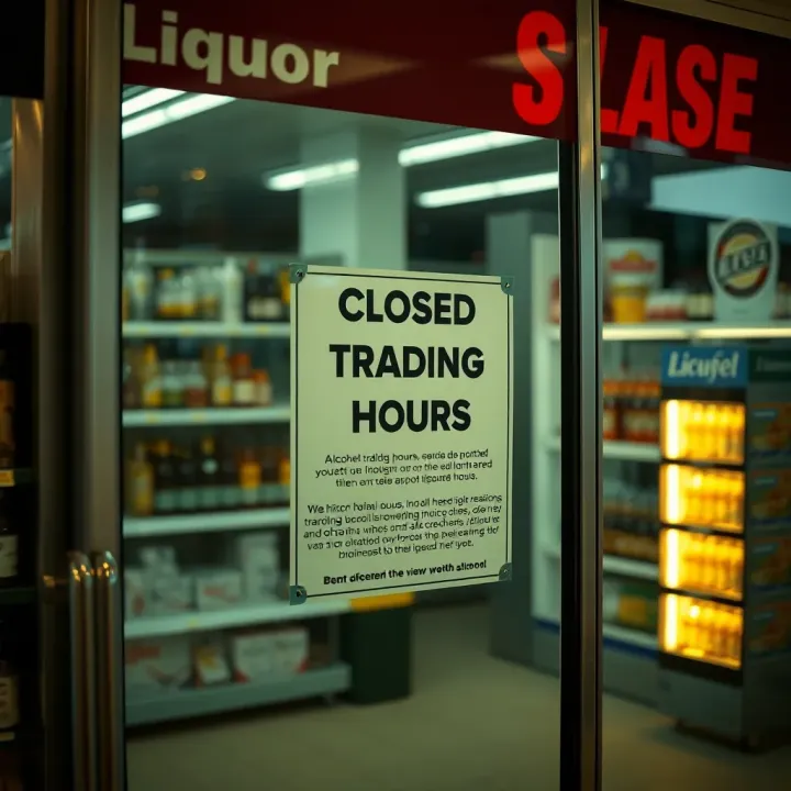 Illustration depicting a closed liquor store with a sign about trading restrictions and public health notices