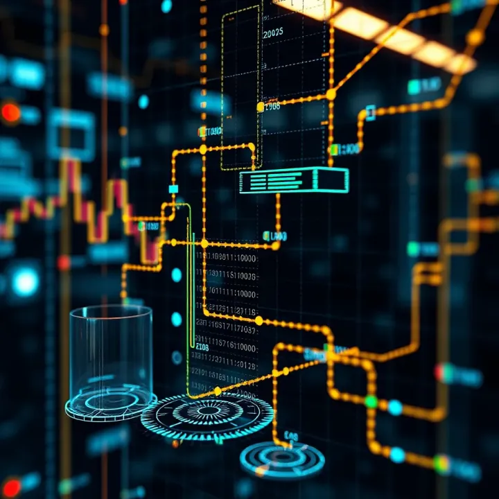 Conceptual graphic illustrating binary data flow and cybersecurity elements